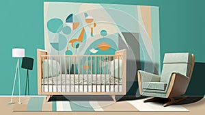 Geometric Patterned Baby\'s Room With Crib And Chair photo