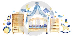 Baby`s room furniture and toys. Set decorative elements.