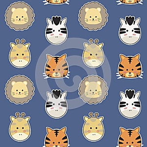 Baby Safari animal cartoon stickers seamless pattern. Tiger, Lion, Zebra, Giraffe heads kawaii childish hand-drawn.