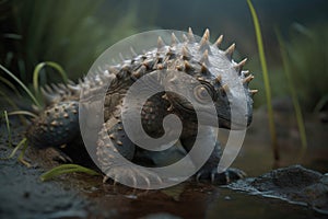 A baby Sauropelta cautiously plodding through a marsh its spiny armor bristling.. AI generation