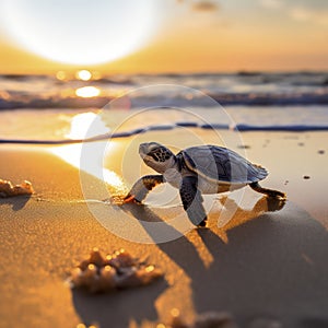 baby sea turtle on beach running towards the ocean