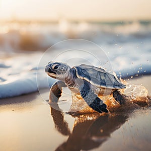 baby sea turtle on beach running towards the ocean