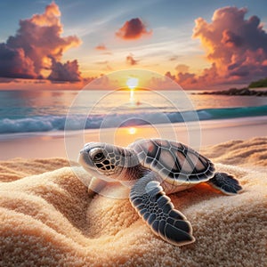 A baby sea turtle on the beach at sunset