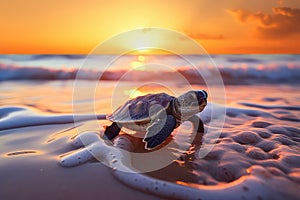 Baby Sea Turtle Heading To Ocean Sunset Ambiance