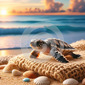 Baby Sea Turtle on Sandy Beach at Sunset