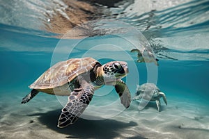 baby sea turtle swimming in the ocean, with its parent nearby