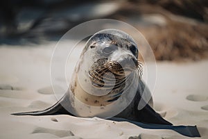 Baby seal on the beach. The sea lion (Phoca vitulina)