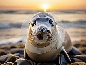 Baby seal on the beach at sunset