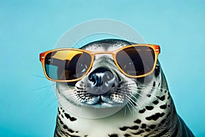 Baby seal on blue background wearing glasses - Generative IA