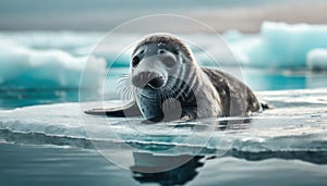 Baby seal floating on melting ice sheet, global warming and climate change concept, generative ai