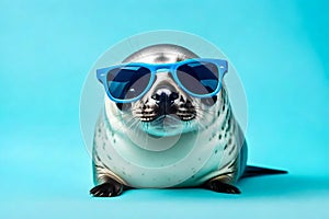 A baby seal on ground wearing glasses - Generative AI