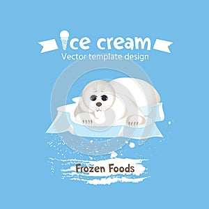 A baby seal on an ice floe. Ice cream label