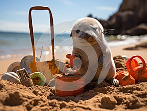 Baby seal playing at mini beach scene