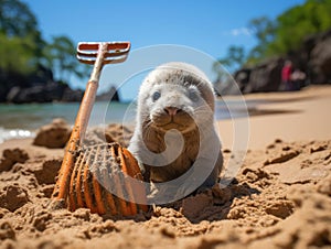 Baby seal playing at mini beach scene