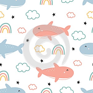 Baby seamless pattern Cartoon animals background shark with clouds and rainbow. Hand-drawn design in cartoon style Used for