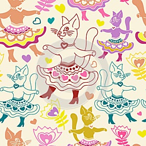 Baby seamless pattern with cartoon cats in doddle style.