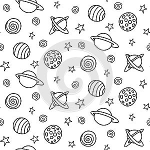 Baby seamless pattern. Cartoon planets and stars in space. Vector Cosmic background and texture. For kids design, fabric, wrapping