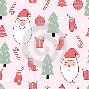 Baby seamless pattern Christmas background Santa Claus and Christmas tree. Hand drawn design in cartoon style. Use for prints,