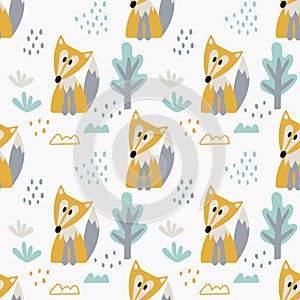 Baby seamless pattern with Cute Fox . Trees, vegetation and Doodle elements. Childish Hand drawn vector background