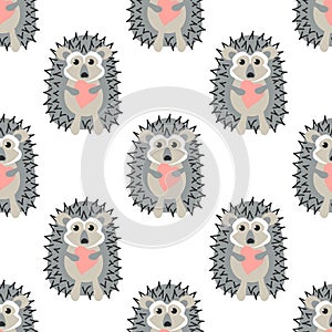 Baby seamless pattern with Cute hedgehog holding a pink heart. Childish Hand drawn vector background .