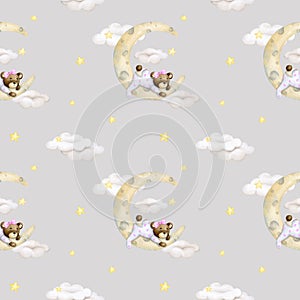 Baby seamless pattern on a gray background. Baby bear sleeping on a cloud. Girl. Watercolor background.