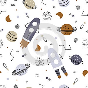 Baby seamless pattern space background with planets and rocket on a white background hand drawn style cartoon design Use for print