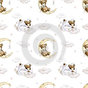 Baby seamless pattern on a white background. Baby bear on the moon, on a cloud. Boy. Watercolor background.