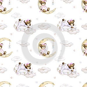 Baby seamless pattern on a white background. Baby bear on the moon, on a cloud. Girl. Watercolor background.