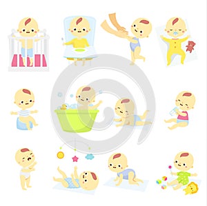 Baby set. Cartoon toddler in different positions. Newborn child develop. Kid cry, bathing, play, eat