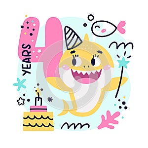 Baby Shark Birthday cute vector marine colorful illustration with number four, fish, wave, algae, star, bubble, cake for