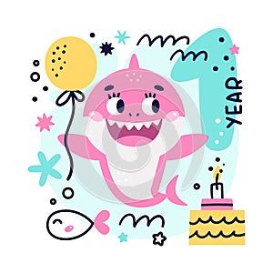 Baby Shark Birthday cute vector marine colorful illustration with number one, fish, wave, algae, star, bubble, cake for