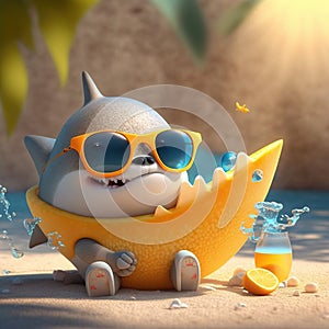 Baby shark lying down on a shell hamaca, in an island, drinking orange juice, wearing sunglasses, generative Ai photo