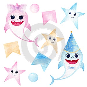 Baby shark watercolor clipart. Pink and blue smiling sharks, colorful starfishes and party decorations.