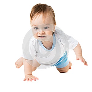 Baby in a shirt crawling and laughing