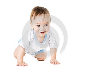 Baby in a shirt crawling and laughing