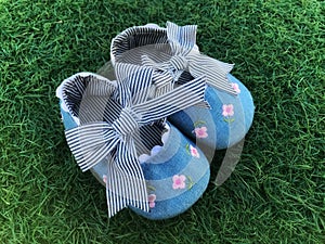 Baby shoe on Green grass in the park