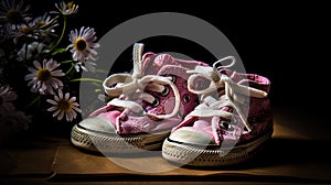 baby shoes, with flowers on the back