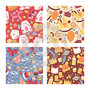 Baby shop seamless pattern vector cartoon kids clothing toys and newborn garment child clothes bodysuit apparel for