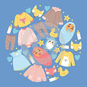 Baby shop vector cartoon kids clothing toys newborn garment and childs clothes bodysuit dress apparel for children