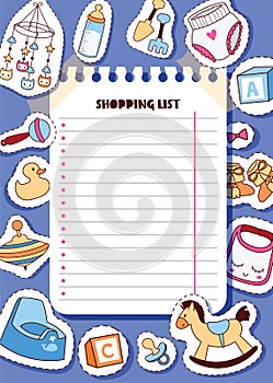 Baby shopping list vector cartoon kids stickers of toys and newborn clothing apparel in shop banner set backdrop