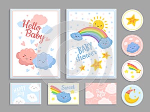 Baby shower. Abstract cute clouds heart. Kid print pattern and invitation with stars sun, moon and rainbow. Art food