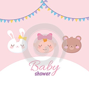 Baby shower, adorable faces little girl rabbit and bear, welcome newborn celebration card