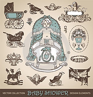 Baby shower antique design elements set (vector)