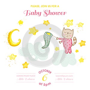 Baby Shower or Arrival Card - Baby Cat Girl Catching Stars
