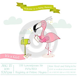 Baby Shower or Arrival Card - Baby Flamingo Girl Sending Mail