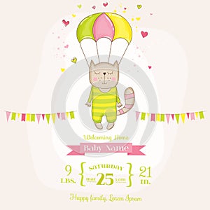 Baby Shower or Arrival Card - Baby Girl Cat Flying with a Parachute