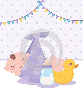 Baby shower, baby boy in blanket with duck and bottle milk, celebration welcome newborn