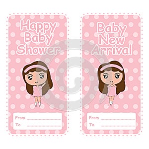 Baby shower banner vector cartoon with cute girl pink on polka dot background suitable for baby shower postcard