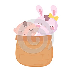 Baby shower, basket with little boy and rabbit toy, celebration welcome newborn