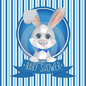 Baby shower with blue and white strips and little rabbit (hare).